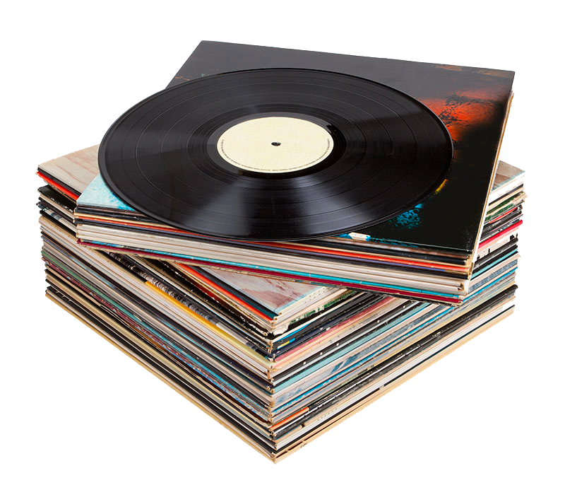 a stack of Vinyl records in their sleeves; A single vinyl sits on top, out of it's sleeve.