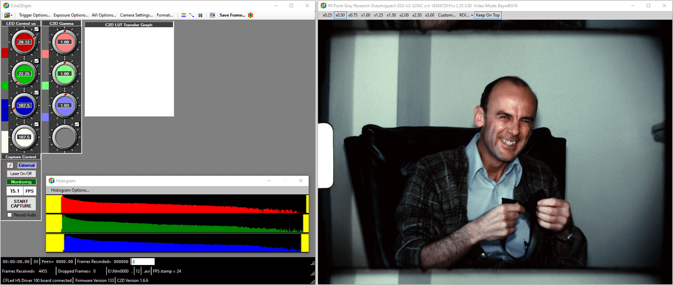 screenshots of film scanning software with graphical knobs and colour bars